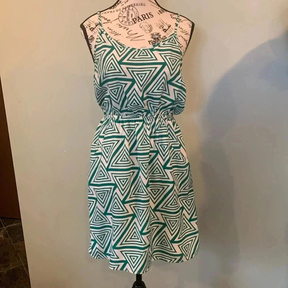 Geometric Women’s Medium Green and White Sundress Dress Spaghetti Straps T Back - Picture 1 of 8